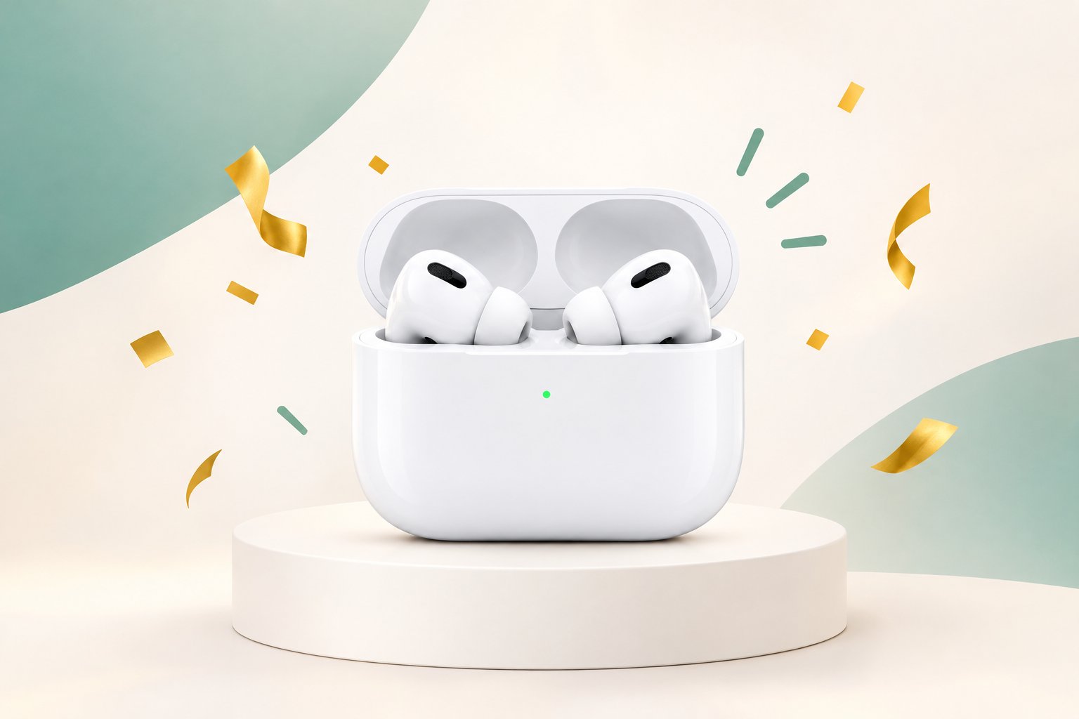 AirPods Pro på ett podium med konfetti